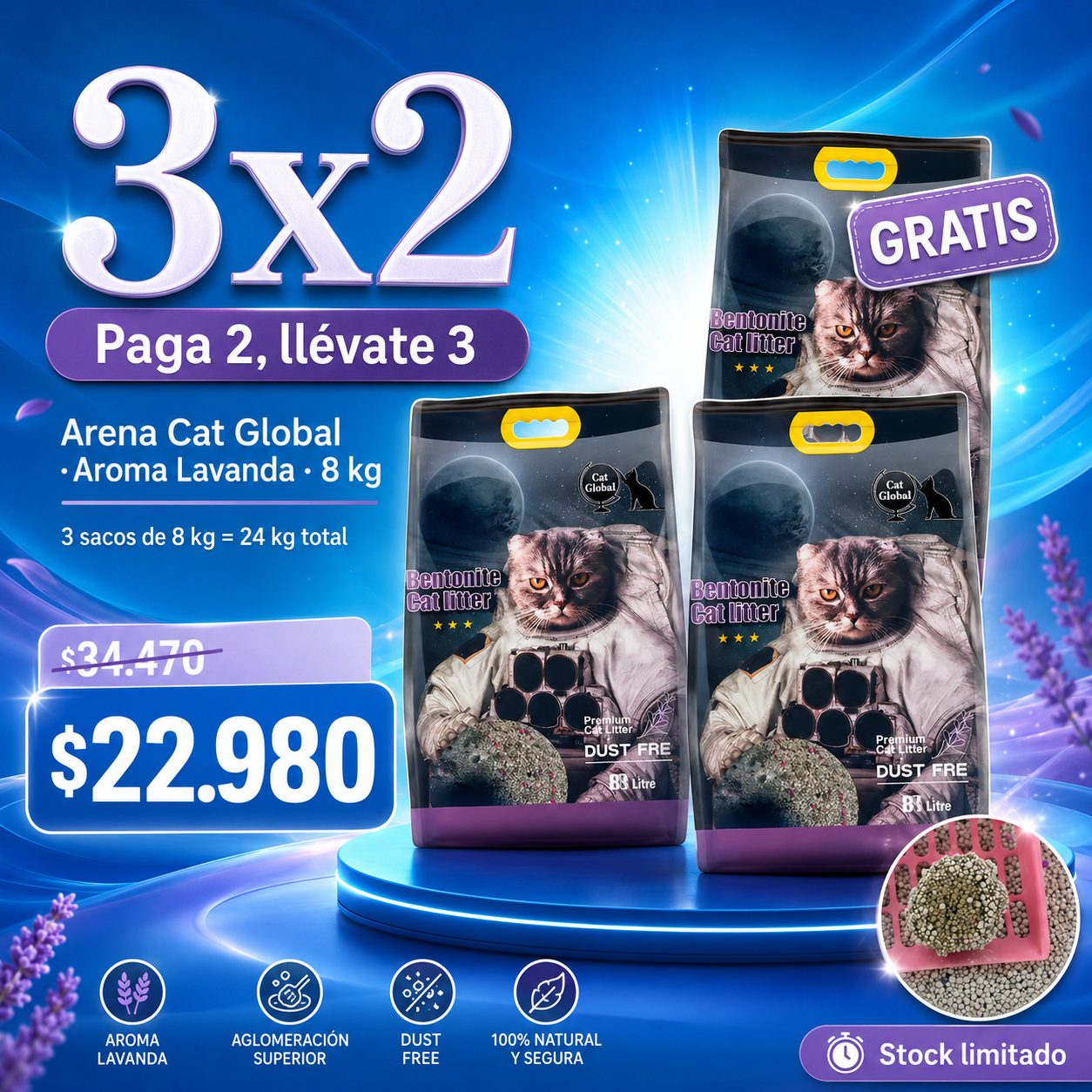 Oferta 3x2 Arena Cat Global Lavanda 8 kg