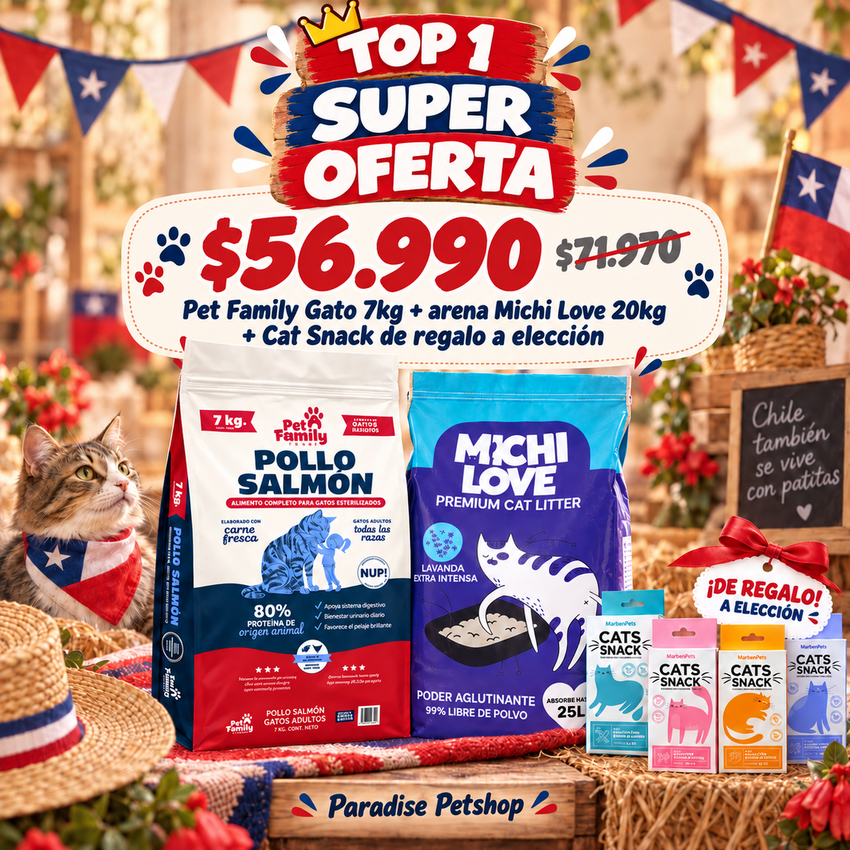 Pack Dieciochero Pet Family Gato 7 kg + Arena Michi Love 20 kg + Cat Snack
