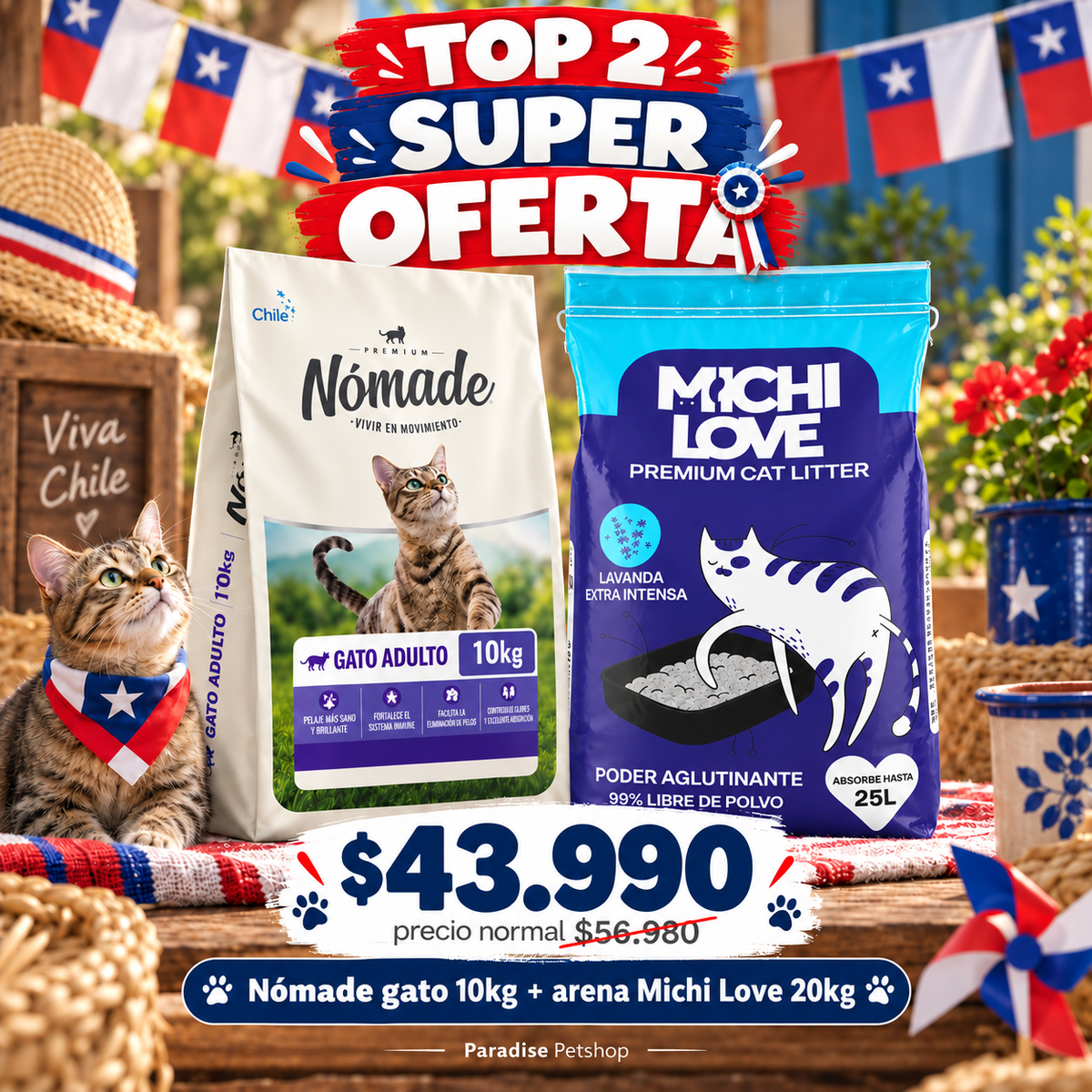 Pack Dieciochero Nómade Gato Adulto 10 kg + Arena Michi Love 20 kg