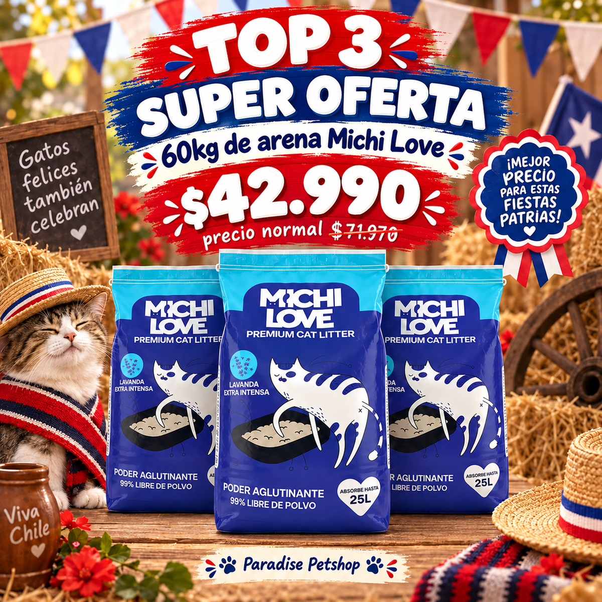 Pack Dieciochero! Arena Michi Love 60 kg (3 sacos de 20 kg)